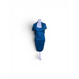 Sally USA Teal Blue Pleated Sheath Dress and Bolero Jacket Set 8718 XS/S